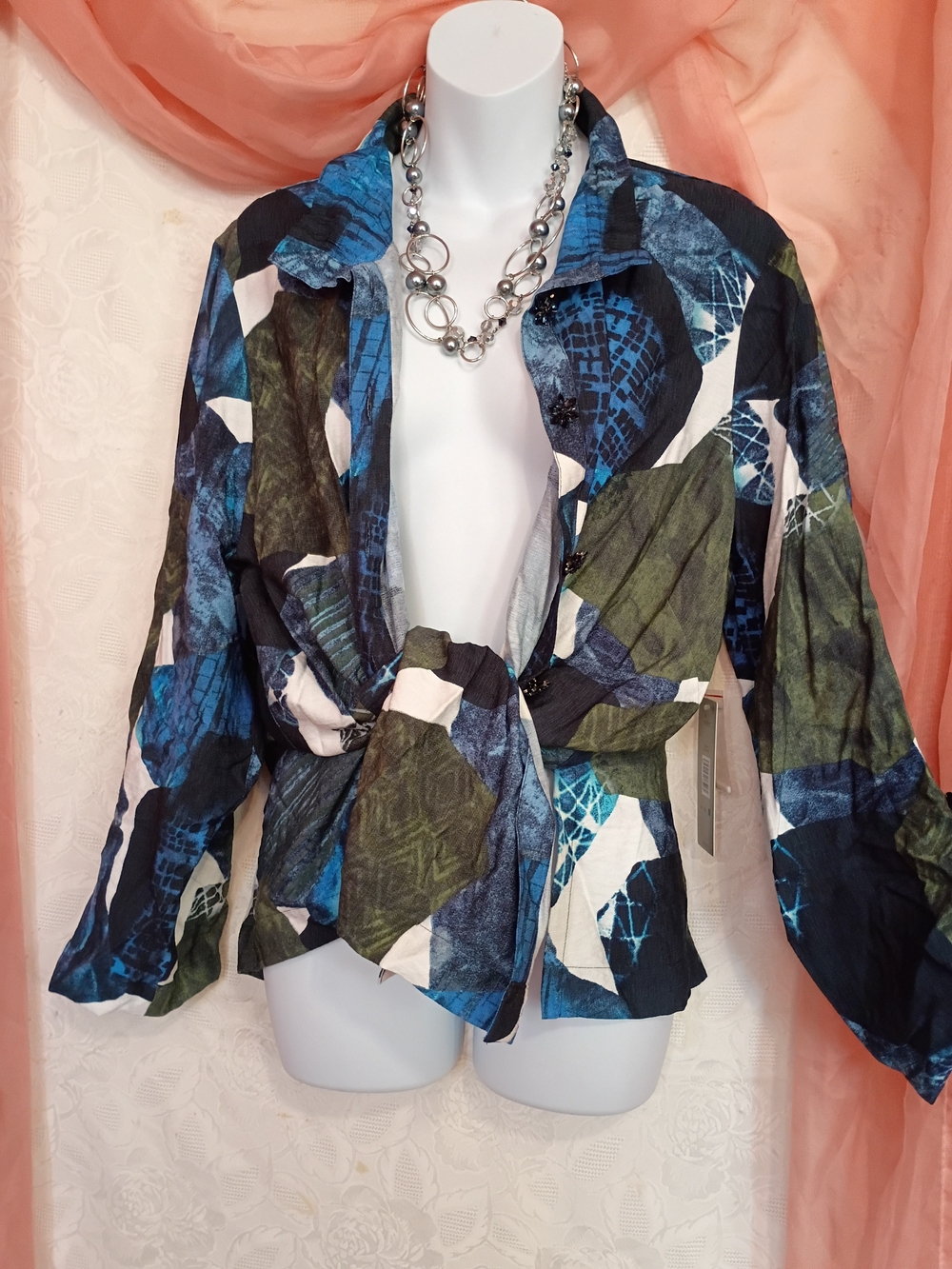 Ali Miles Ladies Blue & Green Abstract Tie-Front Button Down Shirt Sz XL